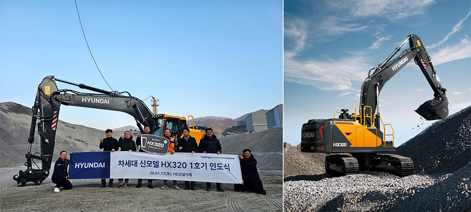 Photo of delivery ceremony for the first unit of the Hyundai Next-Generation HX320L and photo of the product
